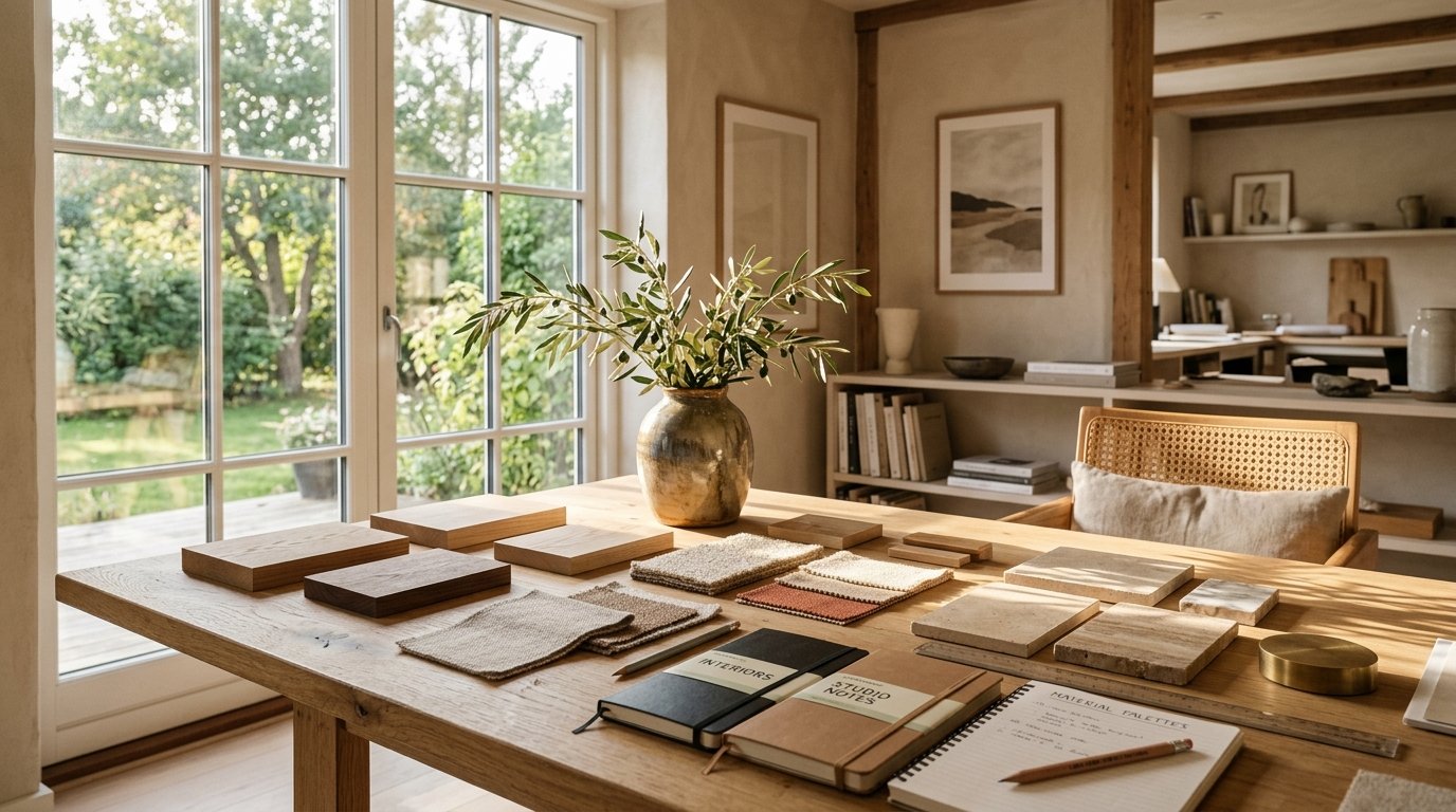 Interior designer studio workspace with swatches, wood finishes and architectural materials